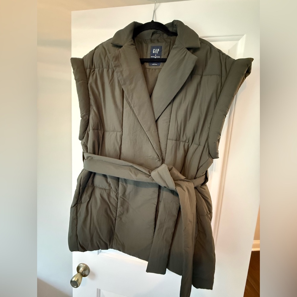 GAP Olive Quilted Belted Sleeveless Coat Vest